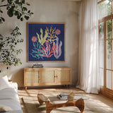 Along The Coast V by Dina June. Shown in a natural wood frame in a cozy modern living room. Available as an archival giclee rolled canvas, fine art paper, or poster print. SKU 85299a.