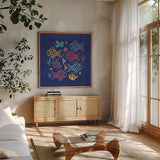 Along The Coast VII by Dina June. Shown in a natural wood frame in a cozy modern living room. Available as an archival giclee rolled canvas, fine art paper, or poster print. SKU 85301a.