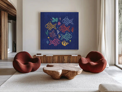 Along The Coast VII by Dina June. Shown as extra-large giant wall art in a modern living room. Available as an archival giclee rolled canvas, fine art paper, or poster print. SKU 85301a.