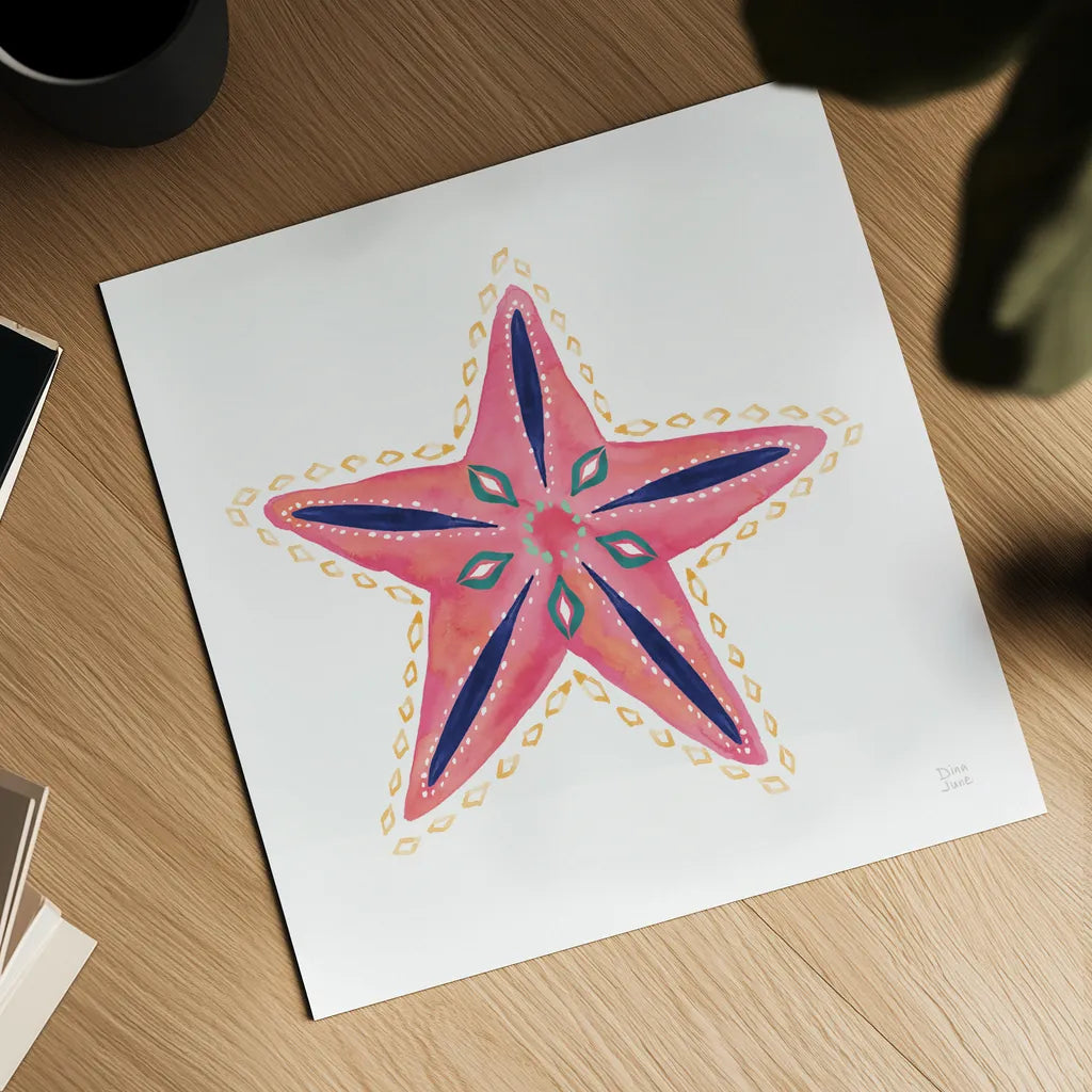 Along the Coast Starfish II by Dina June. Shown as a detailed flat fine art print, highlighting archival giclee quality. Available as an archival giclee rolled canvas, fine art paper, or poster print. SKU 86007a.