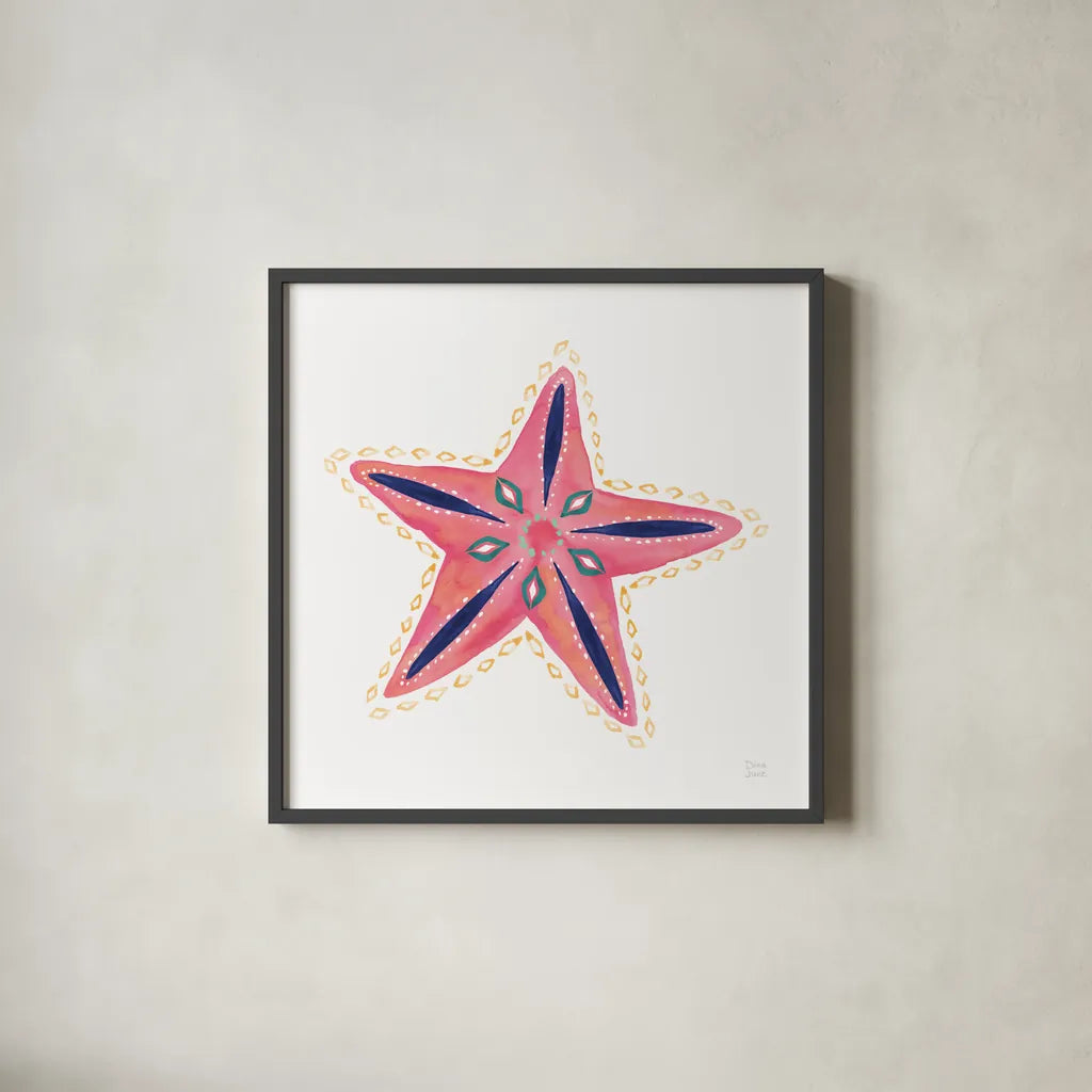 Along the Coast Starfish II by Dina June. Shown in a sleek black glass frame for a contemporary gallery look. Available as an archival giclee rolled canvas, fine art paper, or poster print. SKU 86007a.
