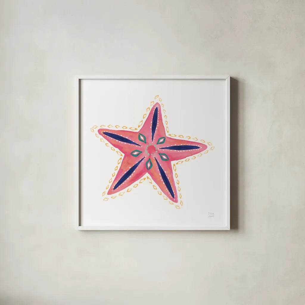 Along the Coast Starfish II by Dina June. Shown in a crisp white glass frame for a clean and minimalist style. Available as an archival giclee rolled canvas, fine art paper, or poster print. SKU 86007a.