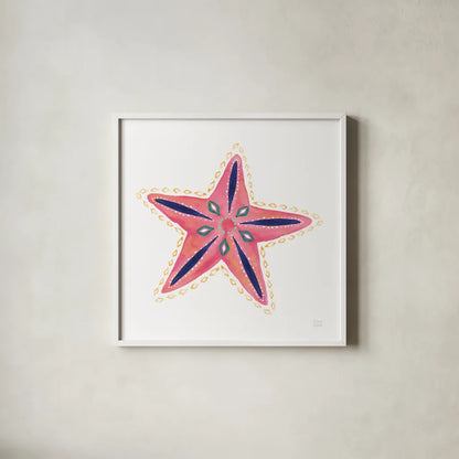 Along the Coast Starfish II by Dina June. Shown in a crisp white glass frame for a clean and minimalist style. Available as an archival giclee rolled canvas, fine art paper, or poster print. SKU 86007a.