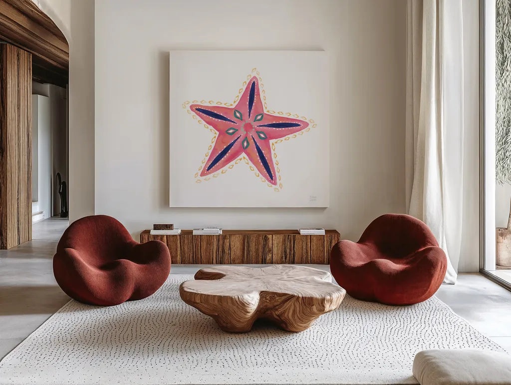 Along the Coast Starfish II by Dina June. Shown as extra-large giant wall art in a modern living room. Available as an archival giclee rolled canvas, fine art paper, or poster print. SKU 86007a.
