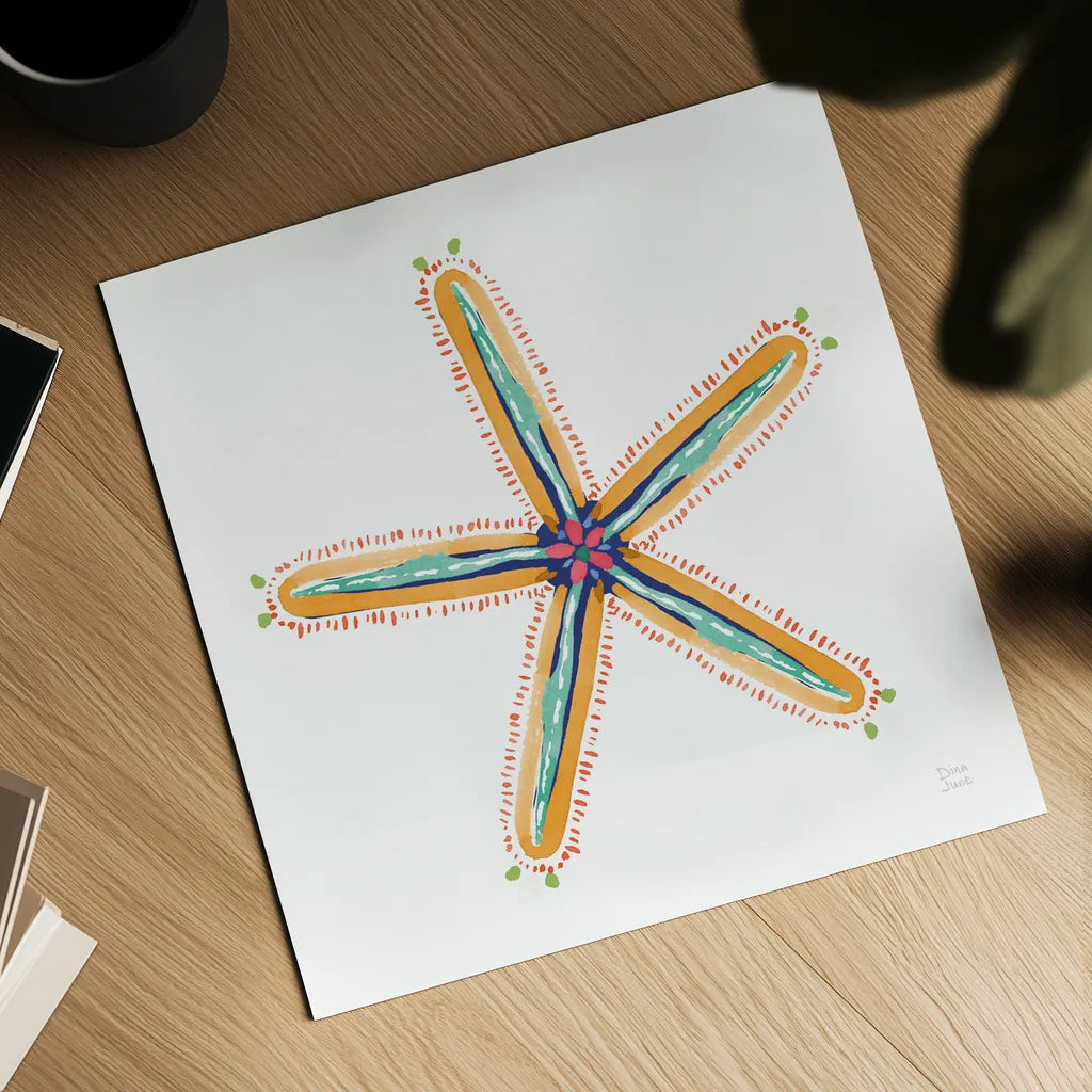 Along the Coast Starfish III by Dina June. Shown as a detailed flat fine art print, highlighting archival giclee quality. Available as an archival giclee rolled canvas, fine art paper, or poster print. SKU 86008a.