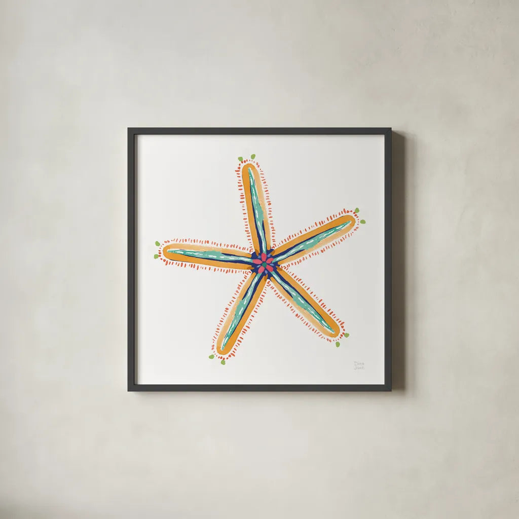 Along the Coast Starfish III by Dina June. Shown in a sleek black glass frame for a contemporary gallery look. Available as an archival giclee rolled canvas, fine art paper, or poster print. SKU 86008a.
