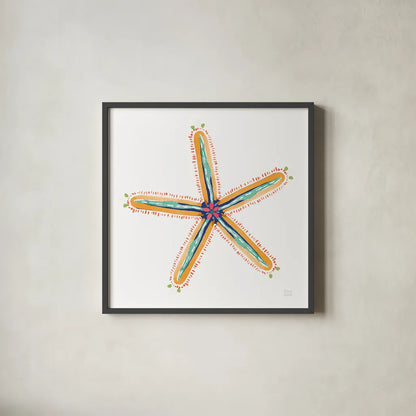 Along the Coast Starfish III by Dina June. Shown in a sleek black glass frame for a contemporary gallery look. Available as an archival giclee rolled canvas, fine art paper, or poster print. SKU 86008a.