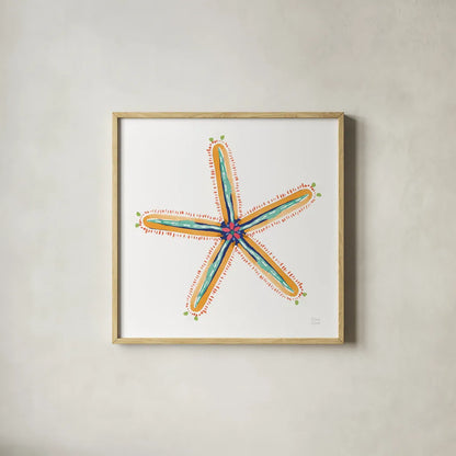 Along the Coast Starfish III by Dina June. Shown in a natural wood glass frame for a timeless modern aesthetic. Available as an archival giclee rolled canvas, fine art paper, or poster print. SKU 86008a.