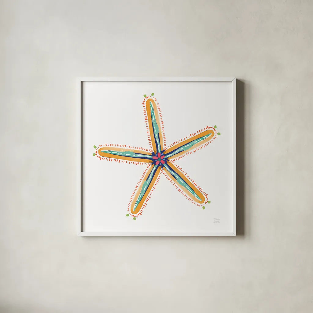 Along the Coast Starfish III by Dina June. Shown in a crisp white glass frame for a clean and minimalist style. Available as an archival giclee rolled canvas, fine art paper, or poster print. SKU 86008a.