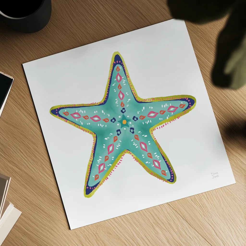 Along the Coast Starfish IV by Dina June. Shown as a detailed flat fine art print, highlighting archival giclee quality. Available as an archival giclee rolled canvas, fine art paper, or poster print. SKU 86009a.