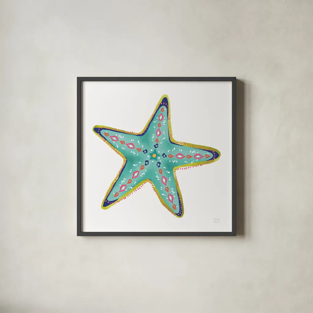 Along the Coast Starfish IV by Dina June. Shown in a sleek black glass frame for a contemporary gallery look. Available as an archival giclee rolled canvas, fine art paper, or poster print. SKU 86009a.