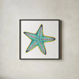 Along the Coast Starfish IV by Dina June. Shown in a sleek black glass frame for a contemporary gallery look. Available as an archival giclee rolled canvas, fine art paper, or poster print. SKU 86009a.