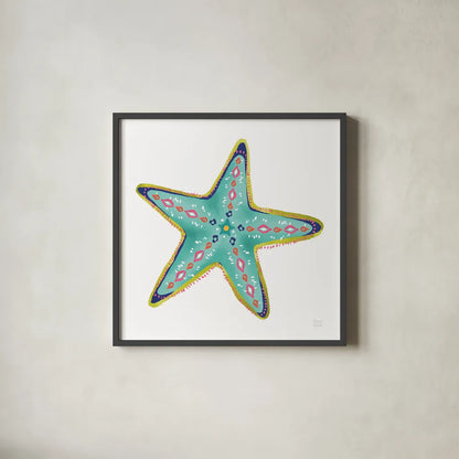 Along the Coast Starfish IV by Dina June. Shown in a sleek black glass frame for a contemporary gallery look. Available as an archival giclee rolled canvas, fine art paper, or poster print. SKU 86009a.