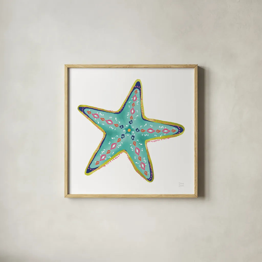 Along the Coast Starfish IV by Dina June. Shown in a natural wood glass frame for a timeless modern aesthetic. Available as an archival giclee rolled canvas, fine art paper, or poster print. SKU 86009a.