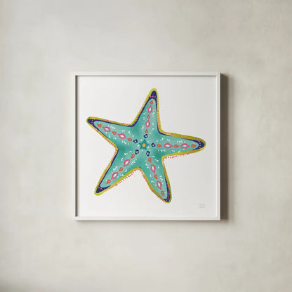 Along the Coast Starfish IV by Dina June. Shown in a crisp white glass frame for a clean and minimalist style. Available as an archival giclee rolled canvas, fine art paper, or poster print. SKU 86009a.