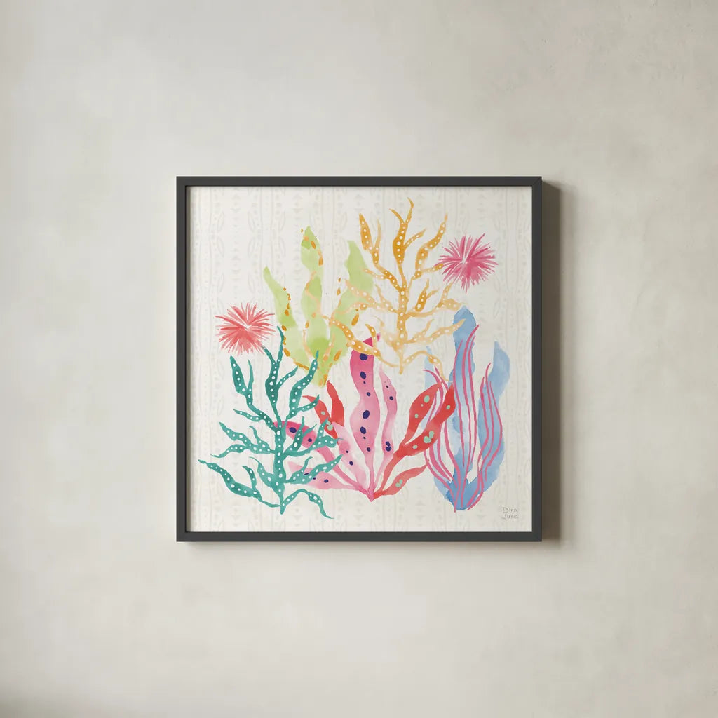 Along the Coast V Light by Dina June. Shown in a sleek black glass frame for a contemporary gallery look. Available as an archival giclee rolled canvas, fine art paper, or poster print. SKU 86005a.