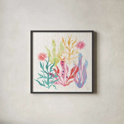 Along the Coast V Light by Dina June. Shown in a sleek black glass frame for a contemporary gallery look. Available as an archival giclee rolled canvas, fine art paper, or poster print. SKU 86005a.