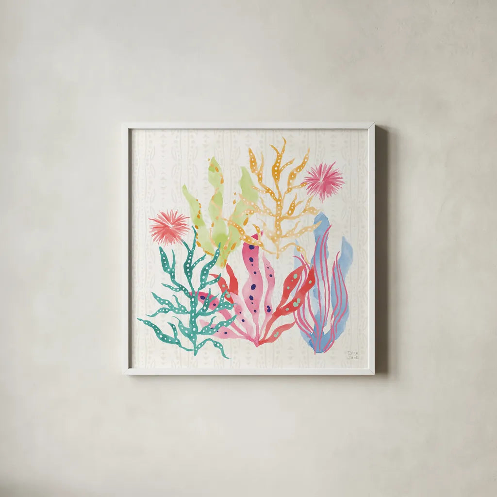 Along the Coast V Light by Dina June. Shown in a crisp white glass frame for a clean and minimalist style. Available as an archival giclee rolled canvas, fine art paper, or poster print. SKU 86005a.