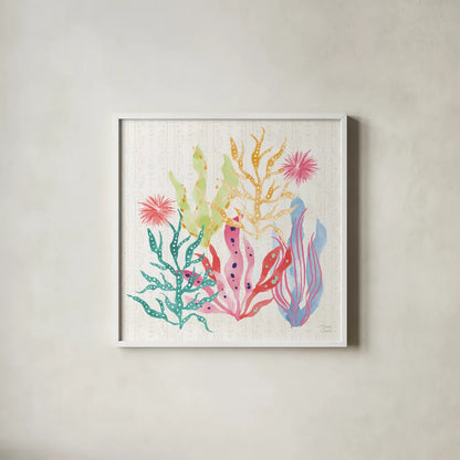 Along the Coast V Light by Dina June. Shown in a crisp white glass frame for a clean and minimalist style. Available as an archival giclee rolled canvas, fine art paper, or poster print. SKU 86005a.