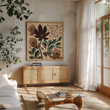 Autumn Florals by Dina June. Shown in a natural wood frame in a cozy modern living room. Available as an archival giclee rolled canvas, fine art paper, or poster print. SKU 103679a.