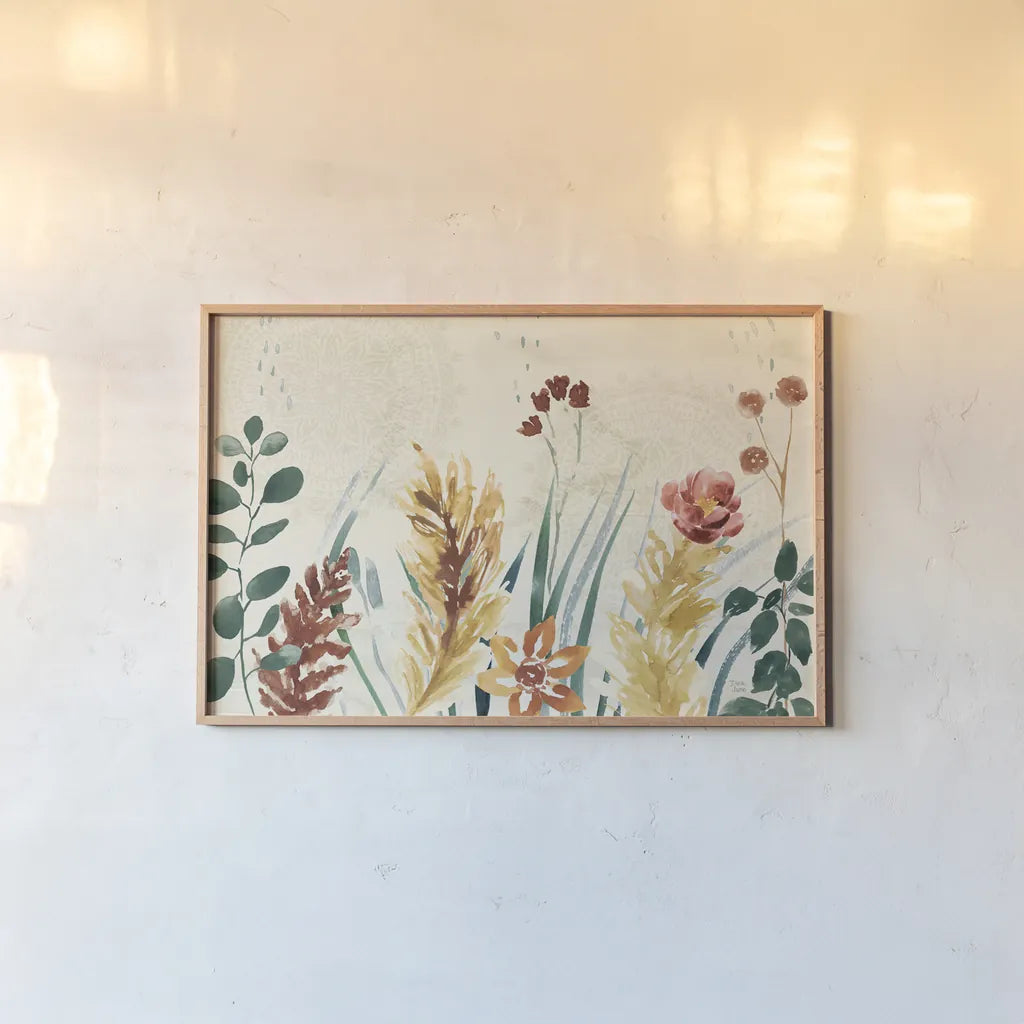 Autumnal Garden I by Dina June. shown as a paper print in a natural frame. Available as a archival giclee rolled canvas, fine art paper, or poster print. SKU 81113i.