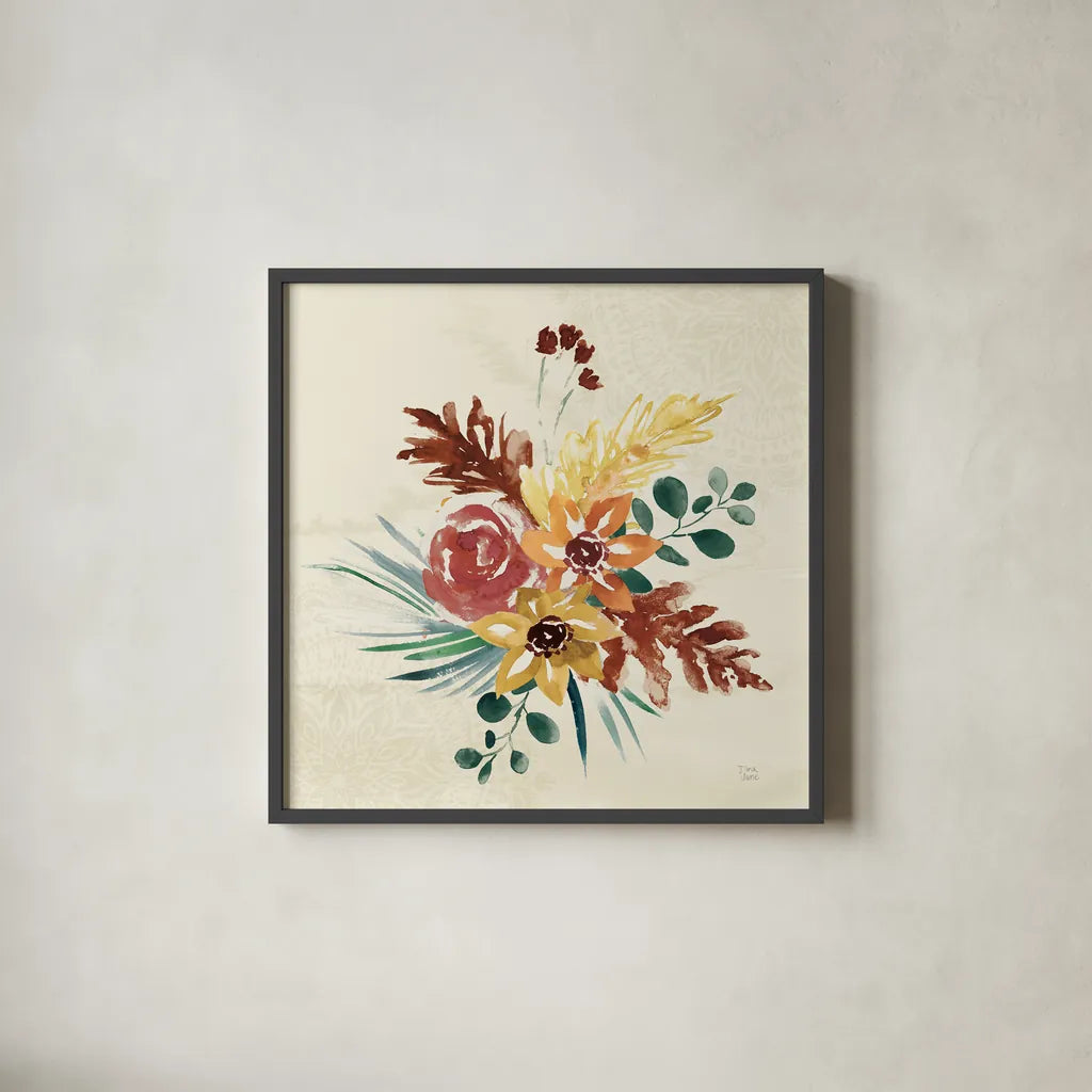 Autumnal Garden II by Dina June. Shown in a sleek black glass frame for a contemporary gallery look. Available as an archival giclee rolled canvas, fine art paper, or poster print. SKU 81114a.