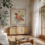 Autumnal Garden II by Dina June. Shown in a natural wood frame in a cozy modern living room. Available as an archival giclee rolled canvas, fine art paper, or poster print. SKU 81114a.