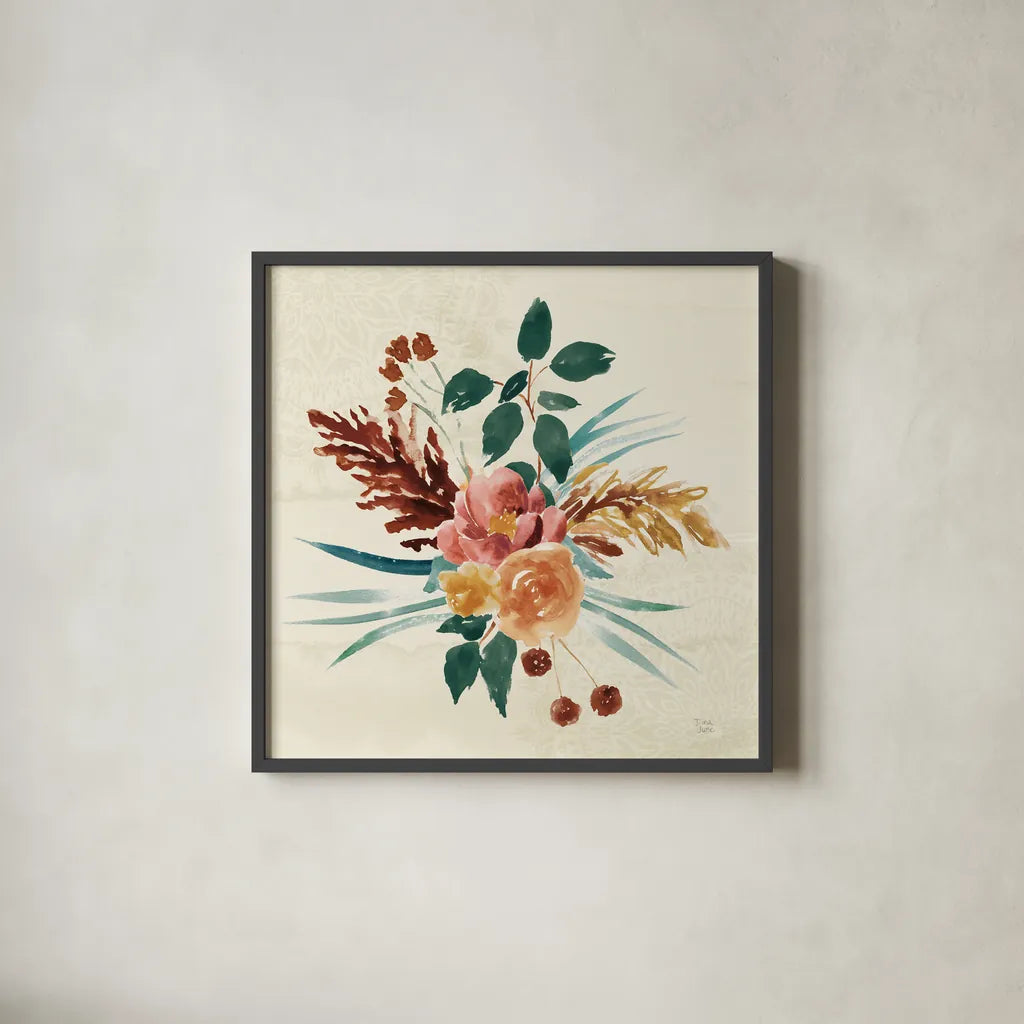 Autumnal Garden III by Dina June. Shown in a sleek black glass frame for a contemporary gallery look. Available as an archival giclee rolled canvas, fine art paper, or poster print. SKU 81115a.
