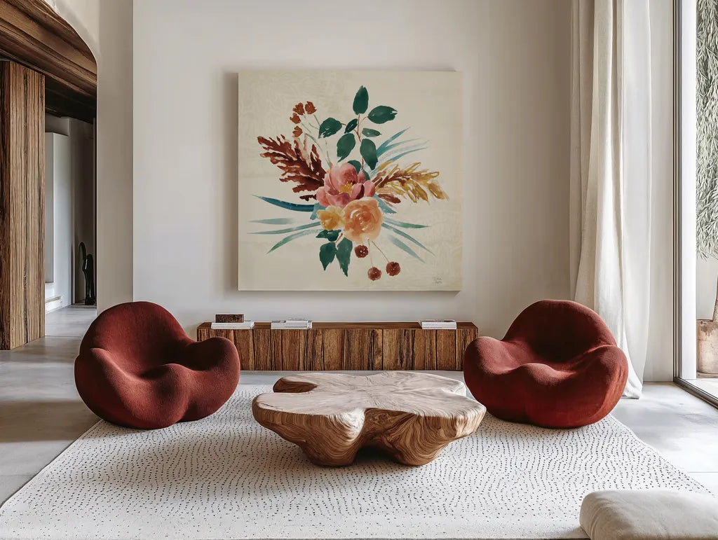 Autumnal Garden III by Dina June. Shown as extra-large giant wall art in a modern living room. Available as an archival giclee rolled canvas, fine art paper, or poster print. SKU 81115a.