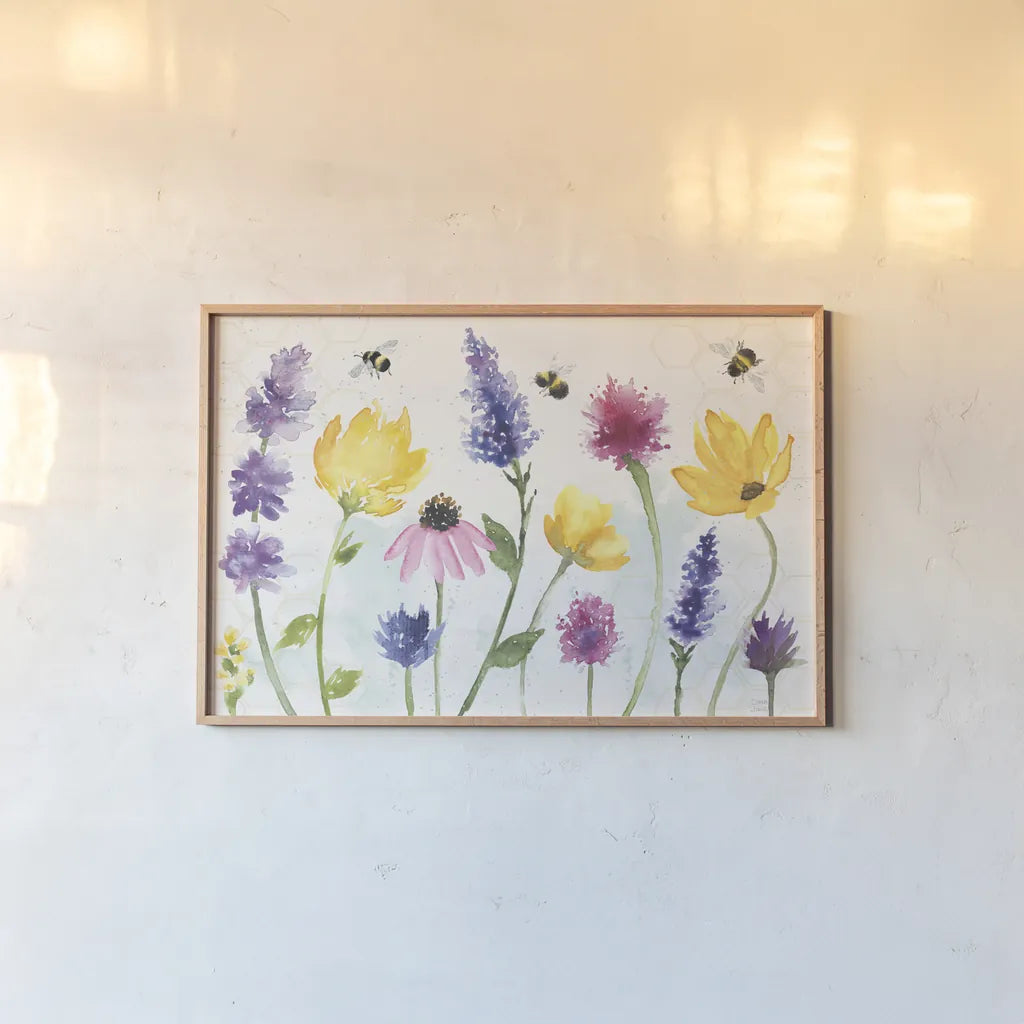 Bee Harmony I by Dina June. shown as a paper print in a natural frame. Available as a archival giclee rolled canvas, fine art paper, or poster print. SKU 58646i.