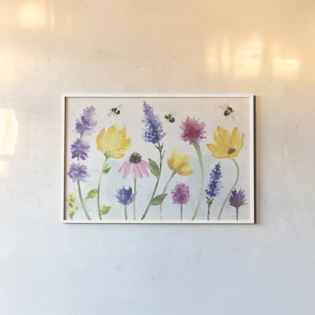 Bee Harmony I by Dina June. shown as a paper print in a white frame. Available as a archival giclee rolled canvas, fine art paper, or poster print. SKU 58646i.