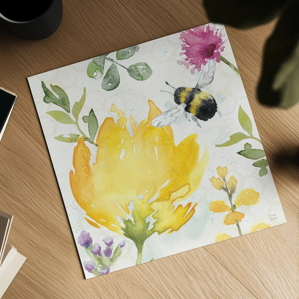Bee Harmony II by Dina June. Shown as a detailed flat fine art print, highlighting archival giclee quality. Available as an archival giclee rolled canvas, fine art paper, or poster print. SKU 58647a.