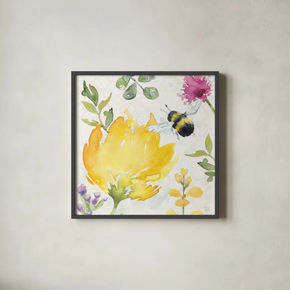 Bee Harmony II by Dina June. Shown in a sleek black glass frame for a contemporary gallery look. Available as an archival giclee rolled canvas, fine art paper, or poster print. SKU 58647a.