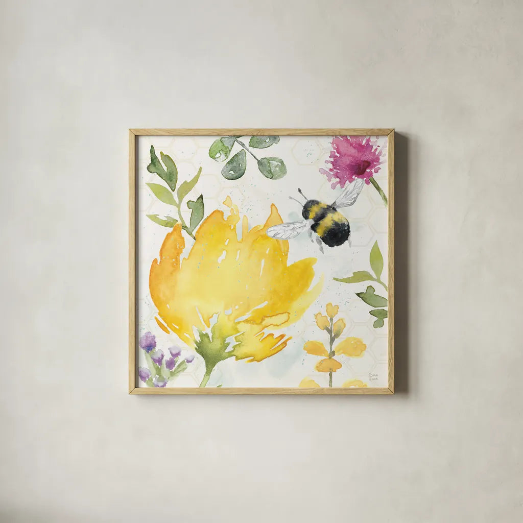 Bee Harmony II by Dina June. Shown in a natural wood glass frame for a timeless modern aesthetic. Available as an archival giclee rolled canvas, fine art paper, or poster print. SKU 58647a.