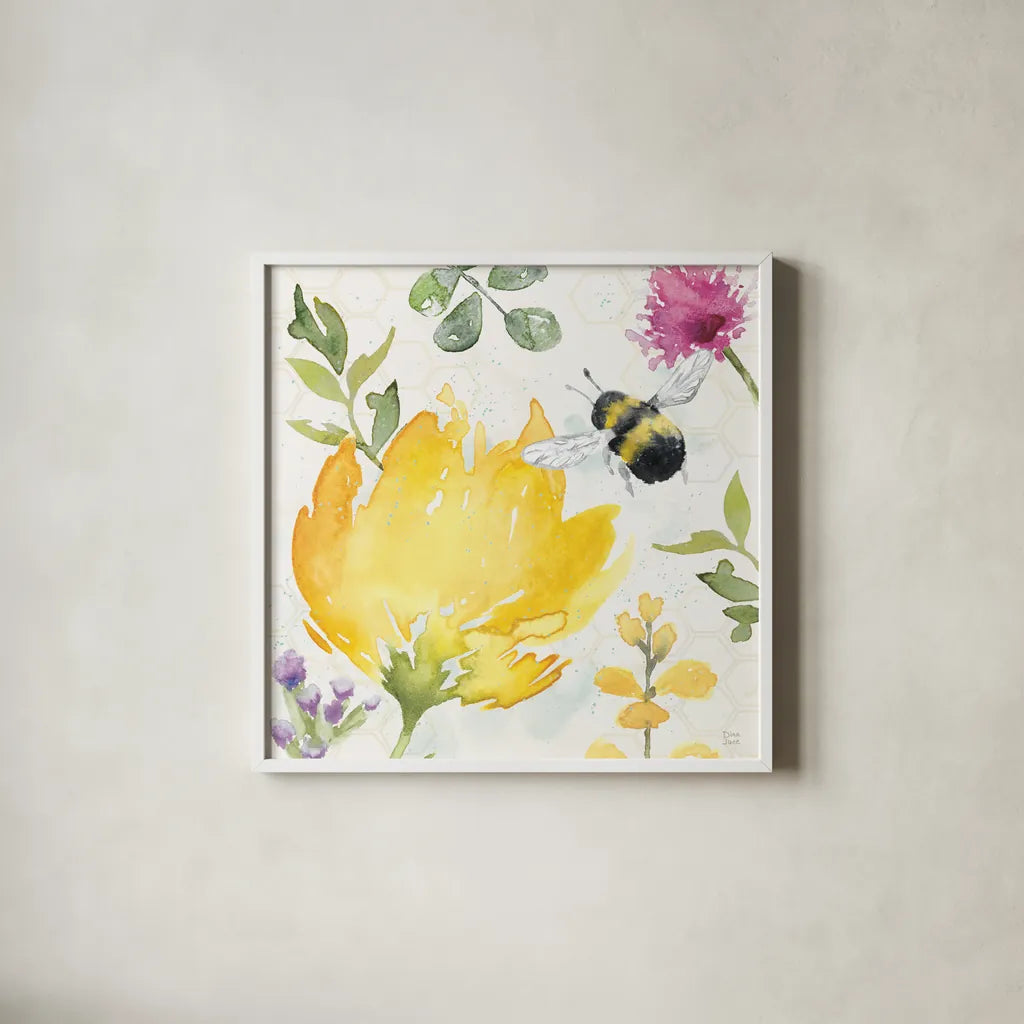 Bee Harmony II by Dina June. Shown in a crisp white glass frame for a clean and minimalist style. Available as an archival giclee rolled canvas, fine art paper, or poster print. SKU 58647a.