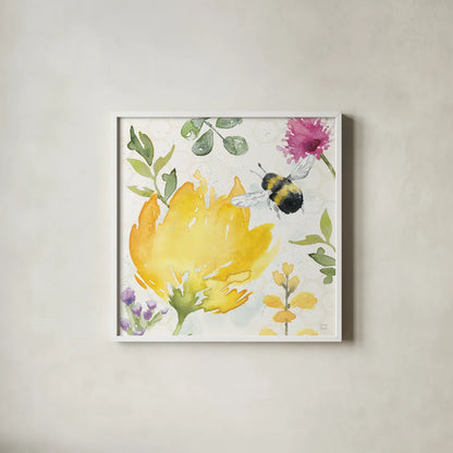 Bee Harmony II by Dina June. Shown in a crisp white glass frame for a clean and minimalist style. Available as an archival giclee rolled canvas, fine art paper, or poster print. SKU 58647a.