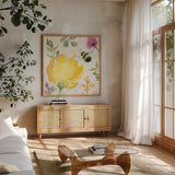 Bee Harmony II by Dina June. Shown in a natural wood frame in a cozy modern living room. Available as an archival giclee rolled canvas, fine art paper, or poster print. SKU 58647a.