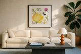 Bee Harmony II by Dina June. Displayed in a glass frame with matte in a clean modern living room. Available as an archival giclee rolled canvas, fine art paper, or poster print. SKU 58647a.