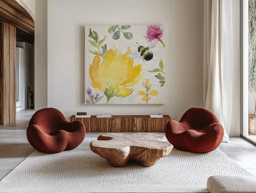 Bee Harmony II by Dina June. Shown as extra-large giant wall art in a modern living room. Available as an archival giclee rolled canvas, fine art paper, or poster print. SKU 58647a.