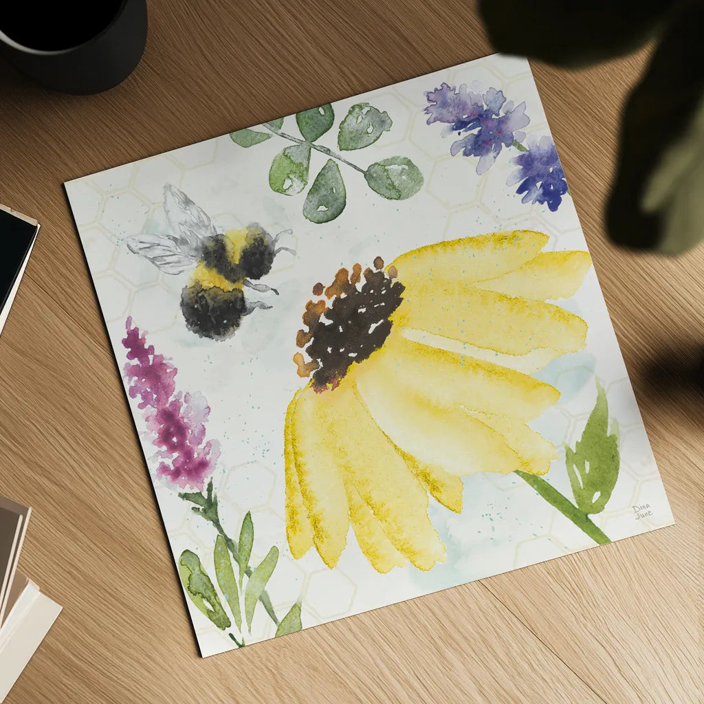 Bee Harmony III by Dina June. Shown as a detailed flat fine art print, highlighting archival giclee quality. Available as an archival giclee rolled canvas, fine art paper, or poster print. SKU 58648a.