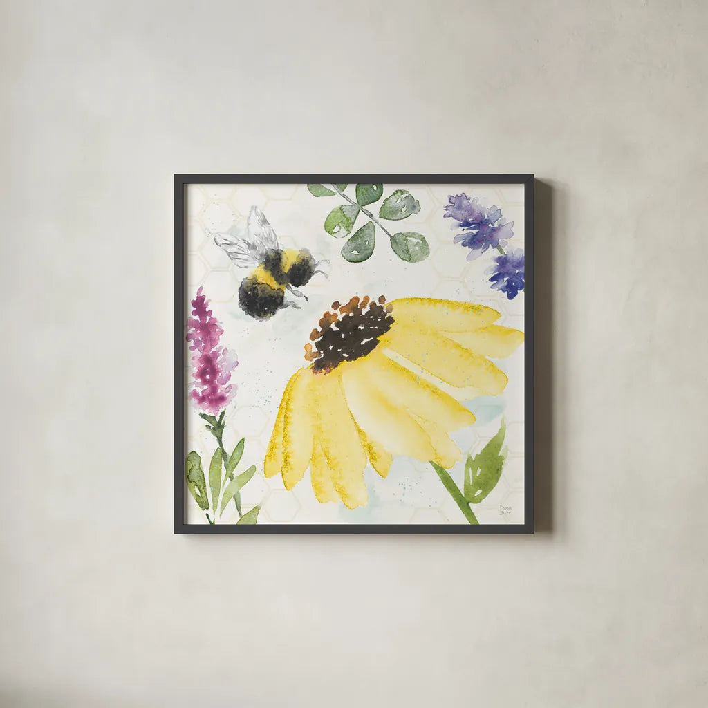 Bee Harmony III by Dina June. Shown in a sleek black glass frame for a contemporary gallery look. Available as an archival giclee rolled canvas, fine art paper, or poster print. SKU 58648a.