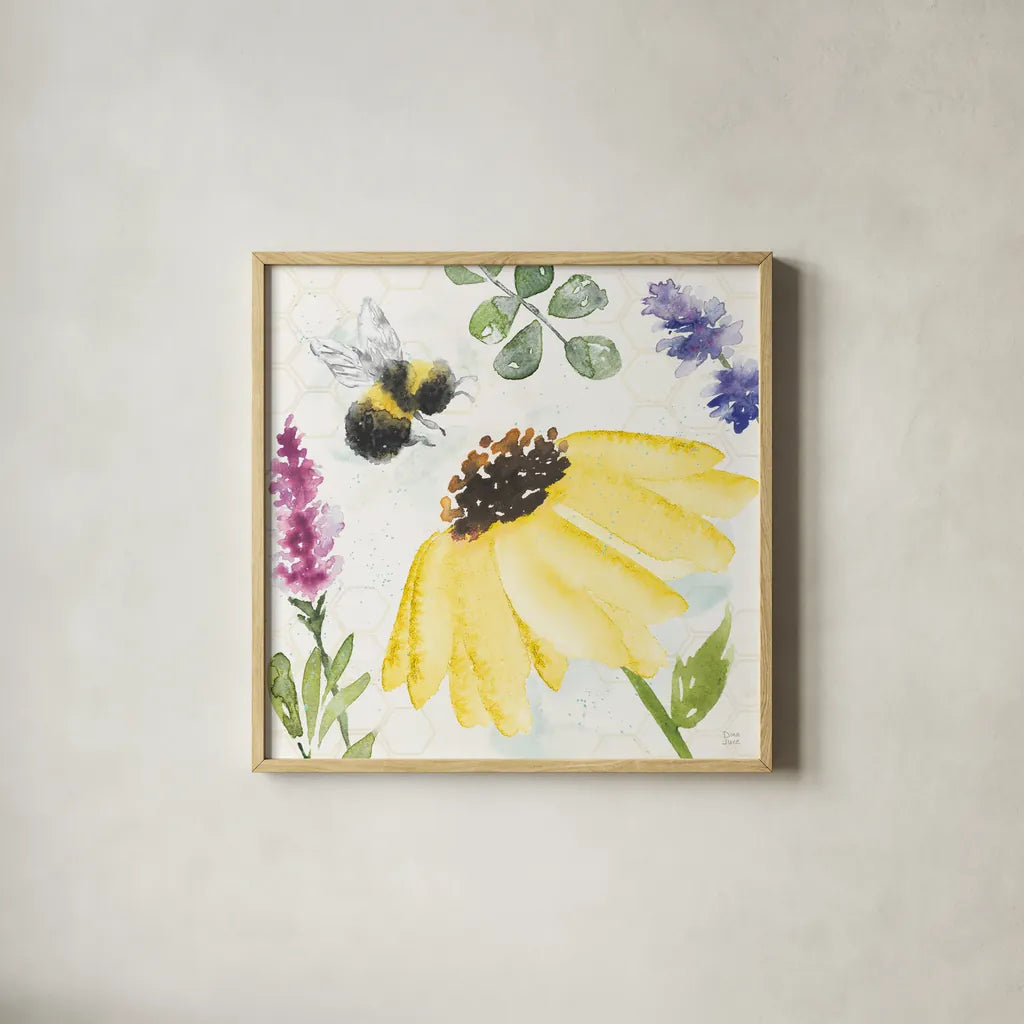 Bee Harmony III by Dina June. Shown in a natural wood glass frame for a timeless modern aesthetic. Available as an archival giclee rolled canvas, fine art paper, or poster print. SKU 58648a.