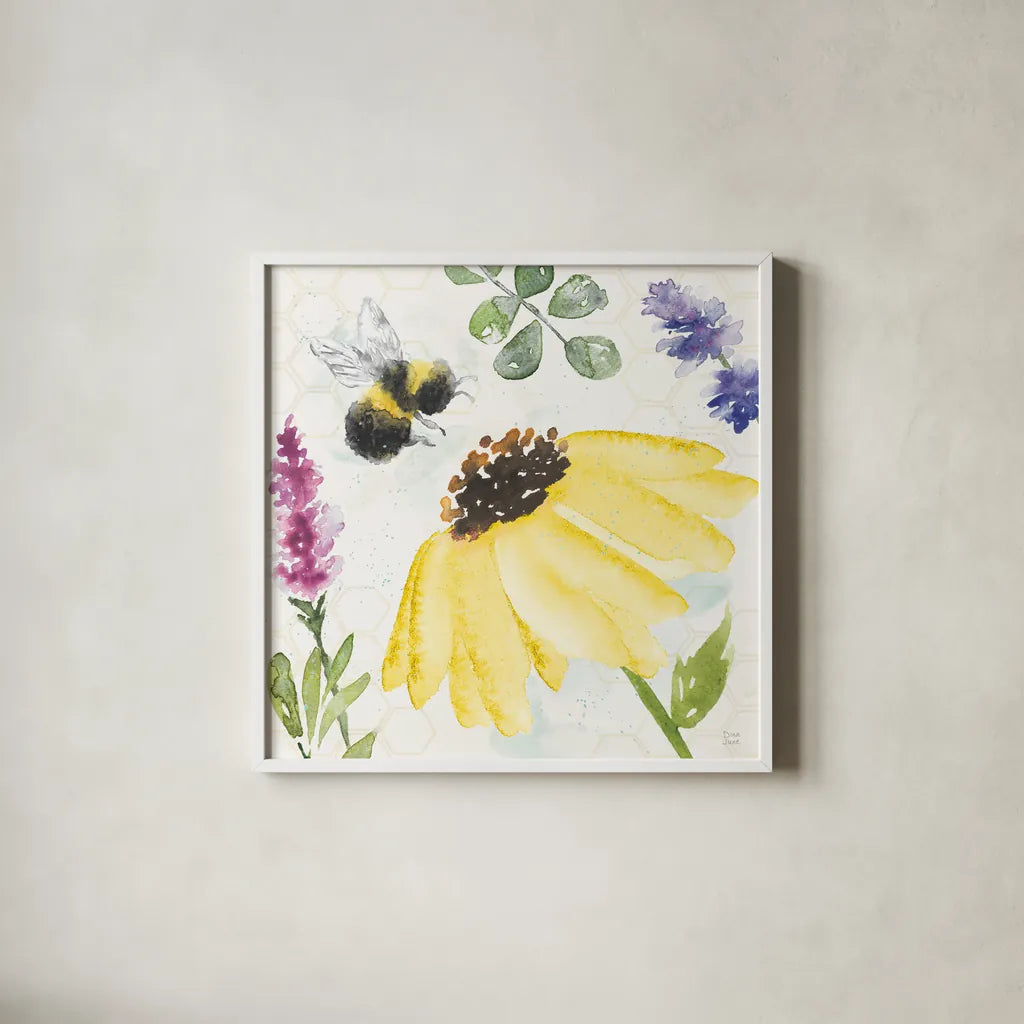 Bee Harmony III by Dina June. Shown in a crisp white glass frame for a clean and minimalist style. Available as an archival giclee rolled canvas, fine art paper, or poster print. SKU 58648a.