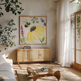 Bee Harmony III by Dina June. Shown in a natural wood frame in a cozy modern living room. Available as an archival giclee rolled canvas, fine art paper, or poster print. SKU 58648a.