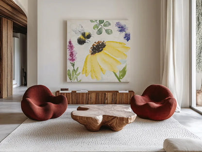 Bee Harmony III by Dina June. Shown as extra-large giant wall art in a modern living room. Available as an archival giclee rolled canvas, fine art paper, or poster print. SKU 58648a.
