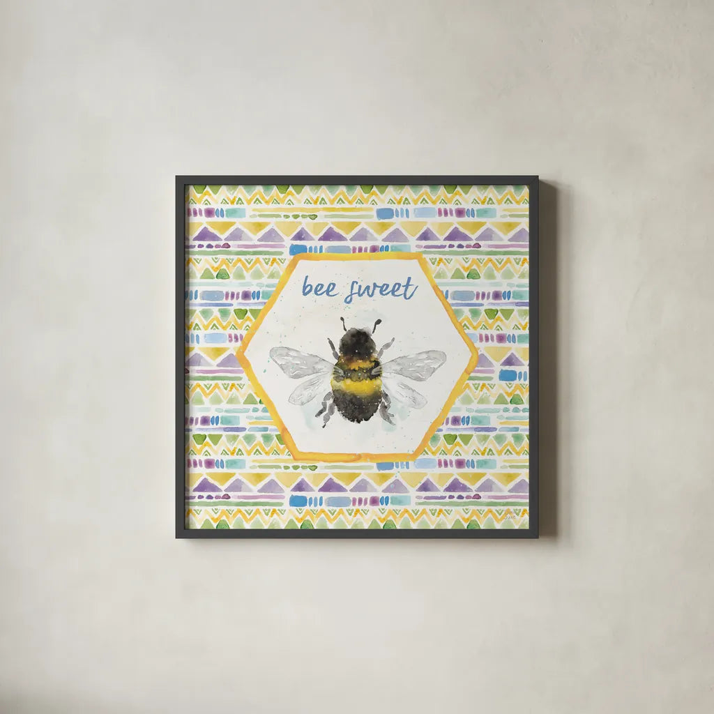 Bee Harmony VI by Dina June. Shown in a sleek black glass frame for a contemporary gallery look. Available as an archival giclee rolled canvas, fine art paper, or poster print. SKU 58651a.