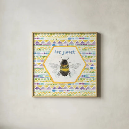 Bee Harmony VI by Dina June. Shown in a natural wood glass frame for a timeless modern aesthetic. Available as an archival giclee rolled canvas, fine art paper, or poster print. SKU 58651a.