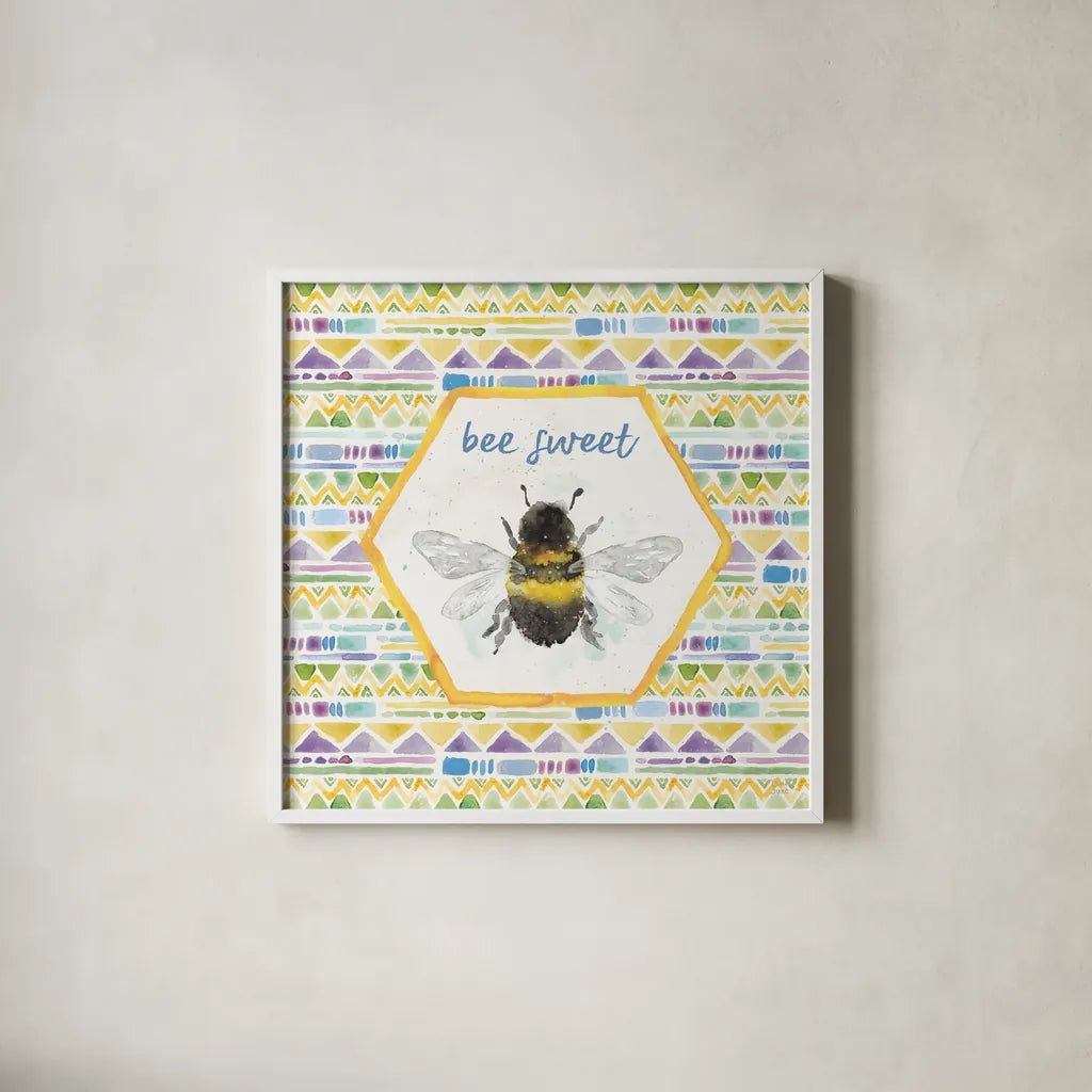 Bee Harmony VI by Dina June. Shown in a crisp white glass frame for a clean and minimalist style. Available as an archival giclee rolled canvas, fine art paper, or poster print. SKU 58651a.