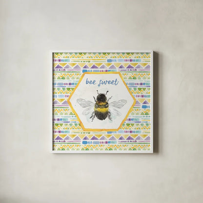 Bee Harmony VI by Dina June. Shown in a crisp white glass frame for a clean and minimalist style. Available as an archival giclee rolled canvas, fine art paper, or poster print. SKU 58651a.