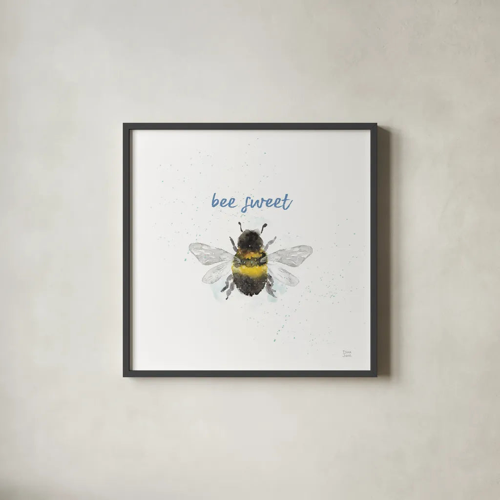 Bee Harmony VI White by Dina June. Shown in a sleek black glass frame for a contemporary gallery look. Available as an archival giclee rolled canvas, fine art paper, or poster print. SKU 66090a.